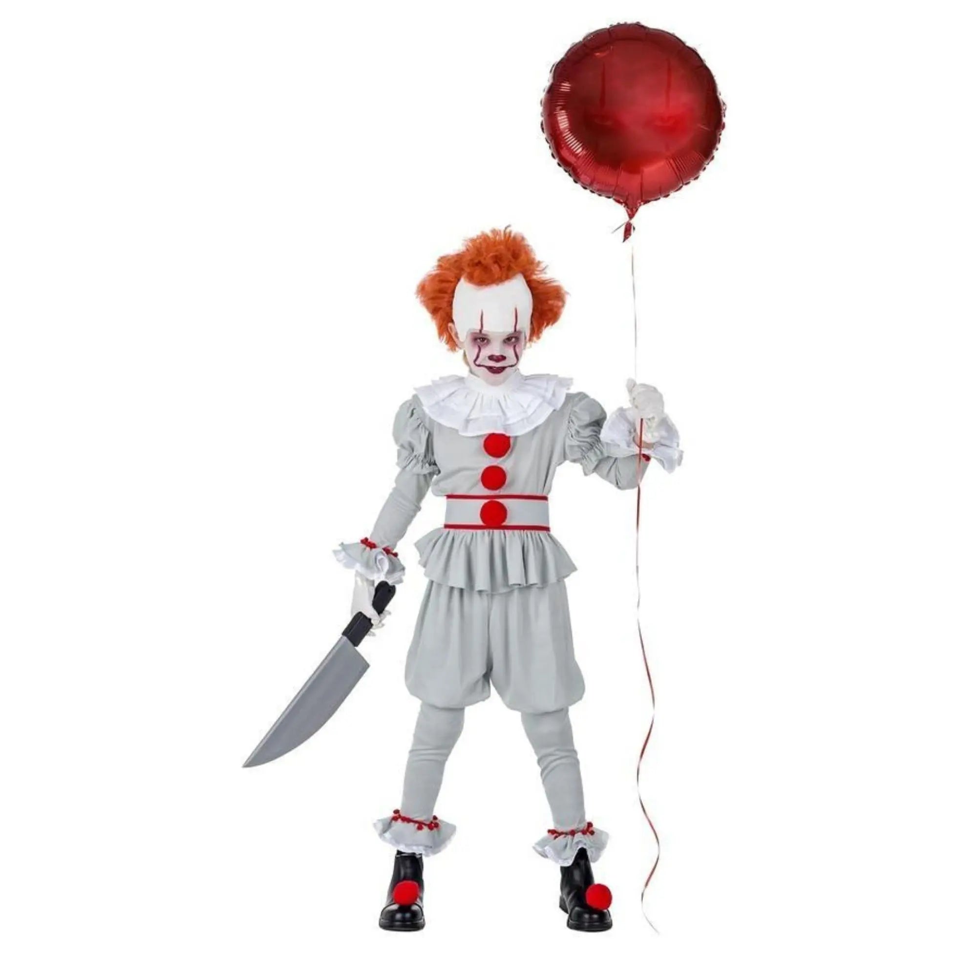 Disfraz de payaso malo para niño con blusa, pantalón y accesorios de circo terrorífico