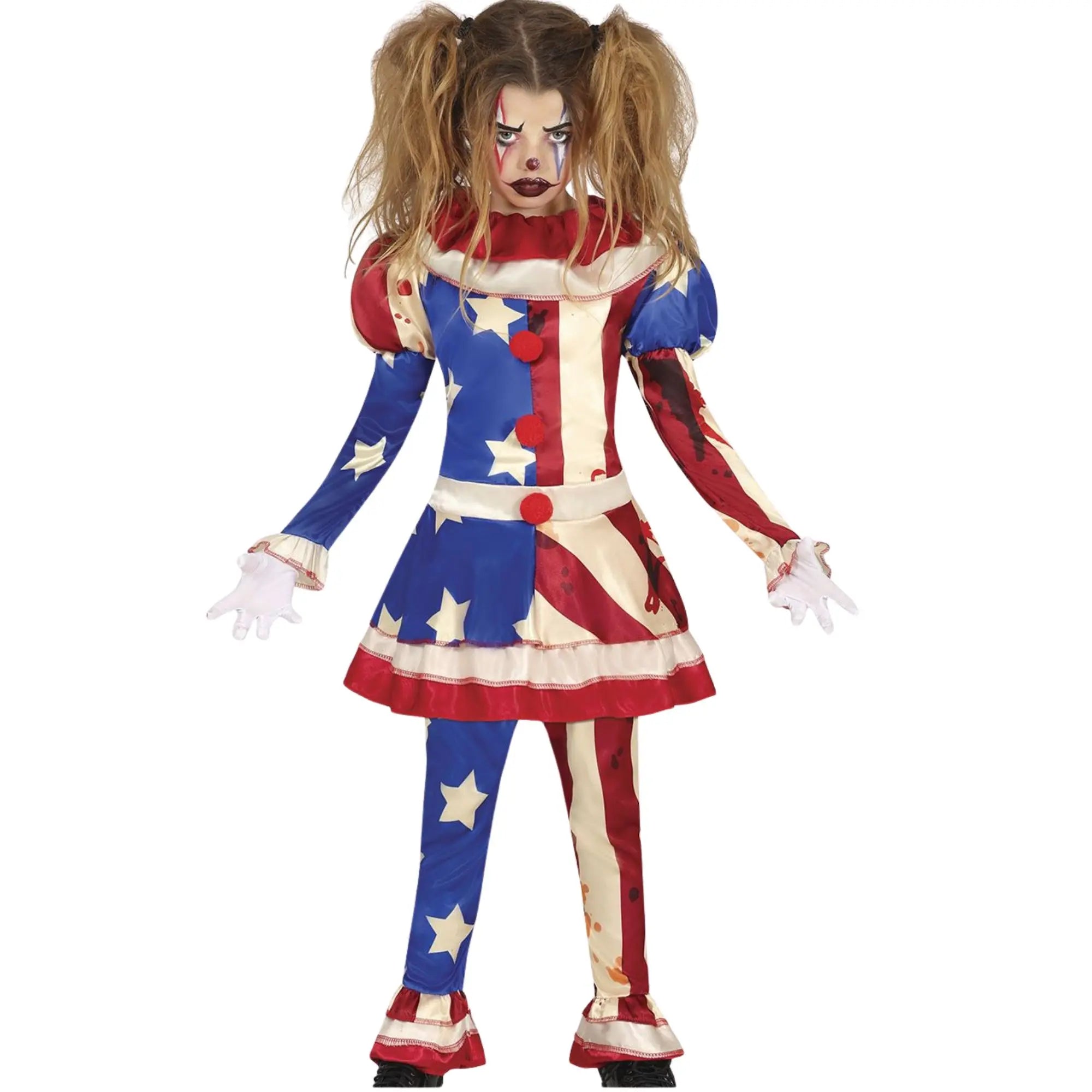 Disfraz payasa patriot infantil niña con pantalón y casaca estampada bandera de Estados Unidos