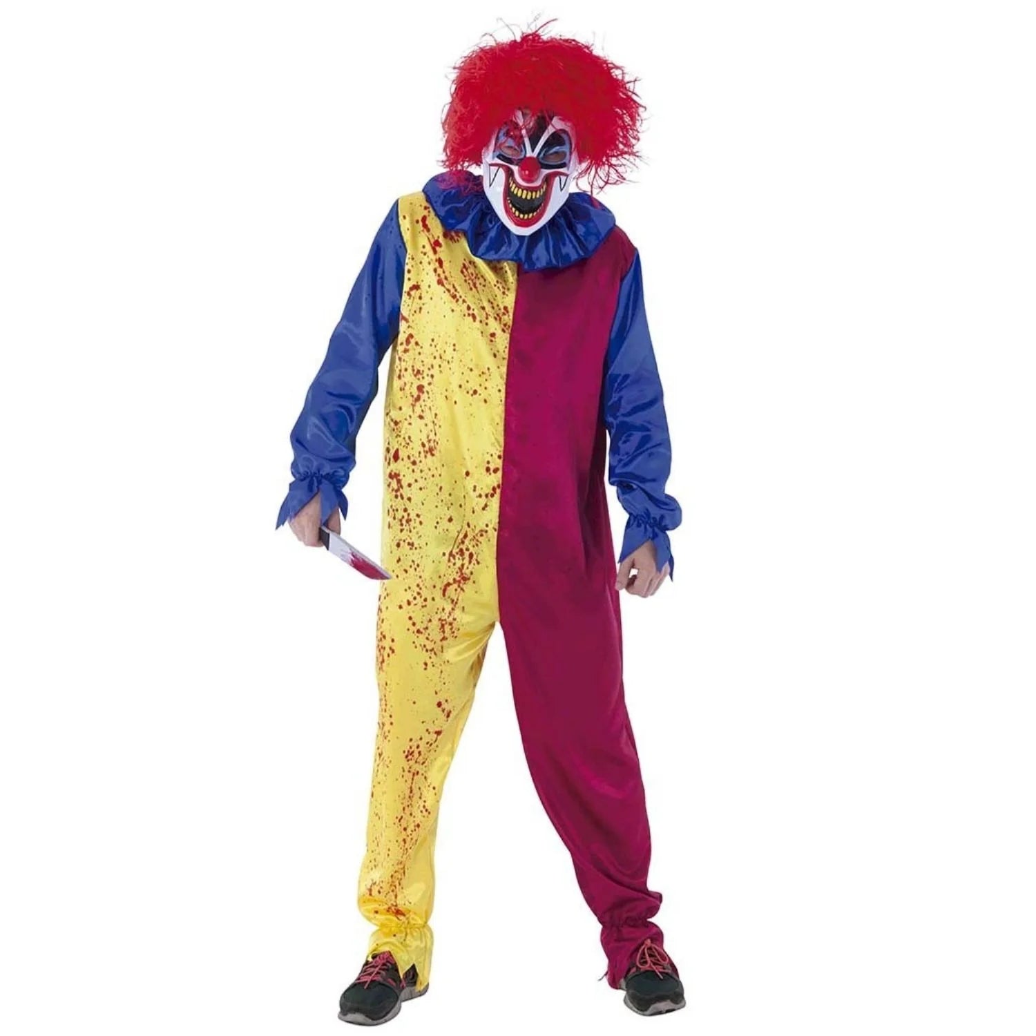 Disfraz Payaso Pshyco adulto con mono ensangrentado y máscara terrorífica