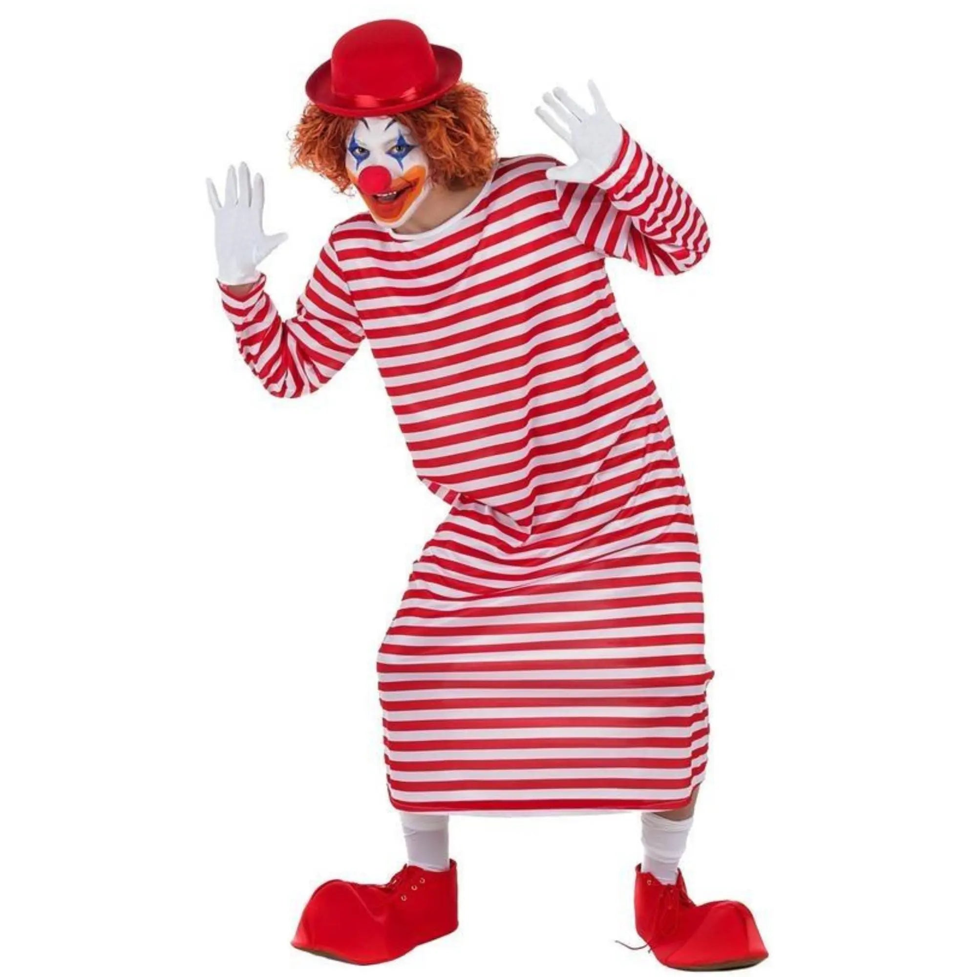 Disfraz de payaso de rayas largo para adulto con sombrero, nariz, camisón y cubrebotas estilo clown de circo