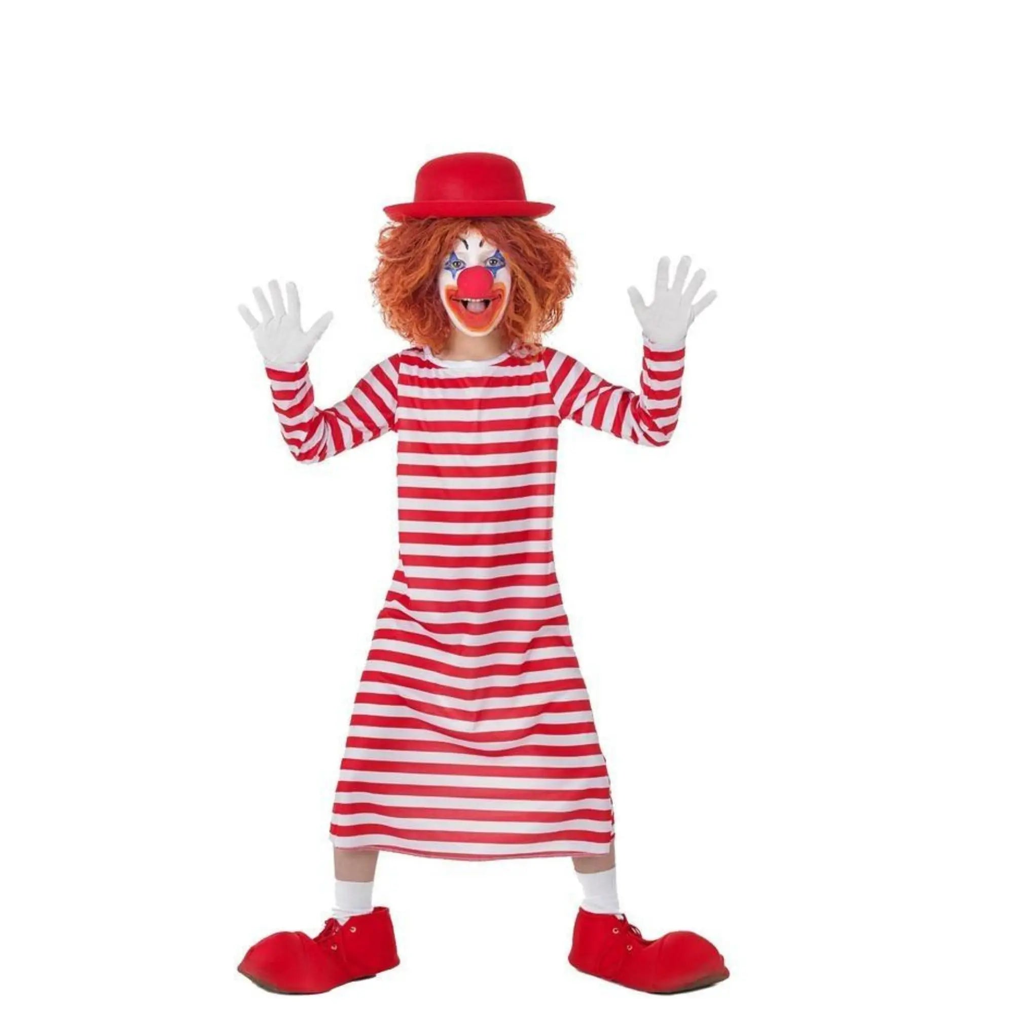 Disfraz de payaso rayas infantil con sombrero nariz camisón y cubrebotas para Carnaval