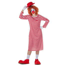 Disfraz de payasa de rayas largo para adulto con sombrero, nariz y cubrebotas estilo circo clown
