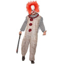 Disfraz payaso vintage hombre gris con pompones rojos y cuello fruncido