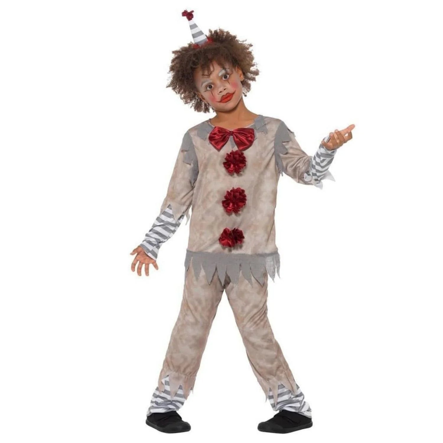 Disfraz payaso vintage infantil gris con rayas y mini gorro