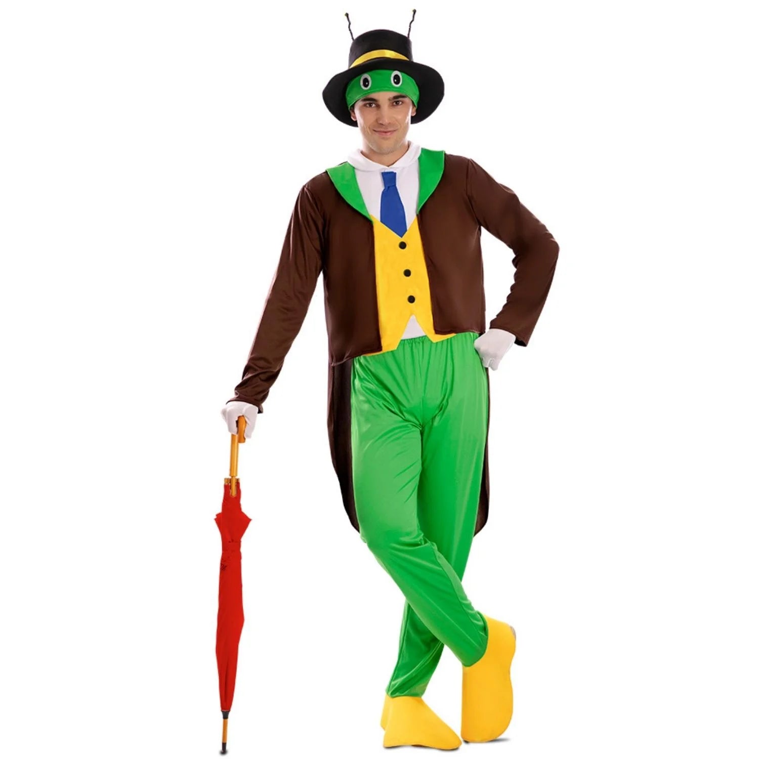 Hombre con disfraz inspirado en Pepito Grillo con sombrero y traje verde y marrón