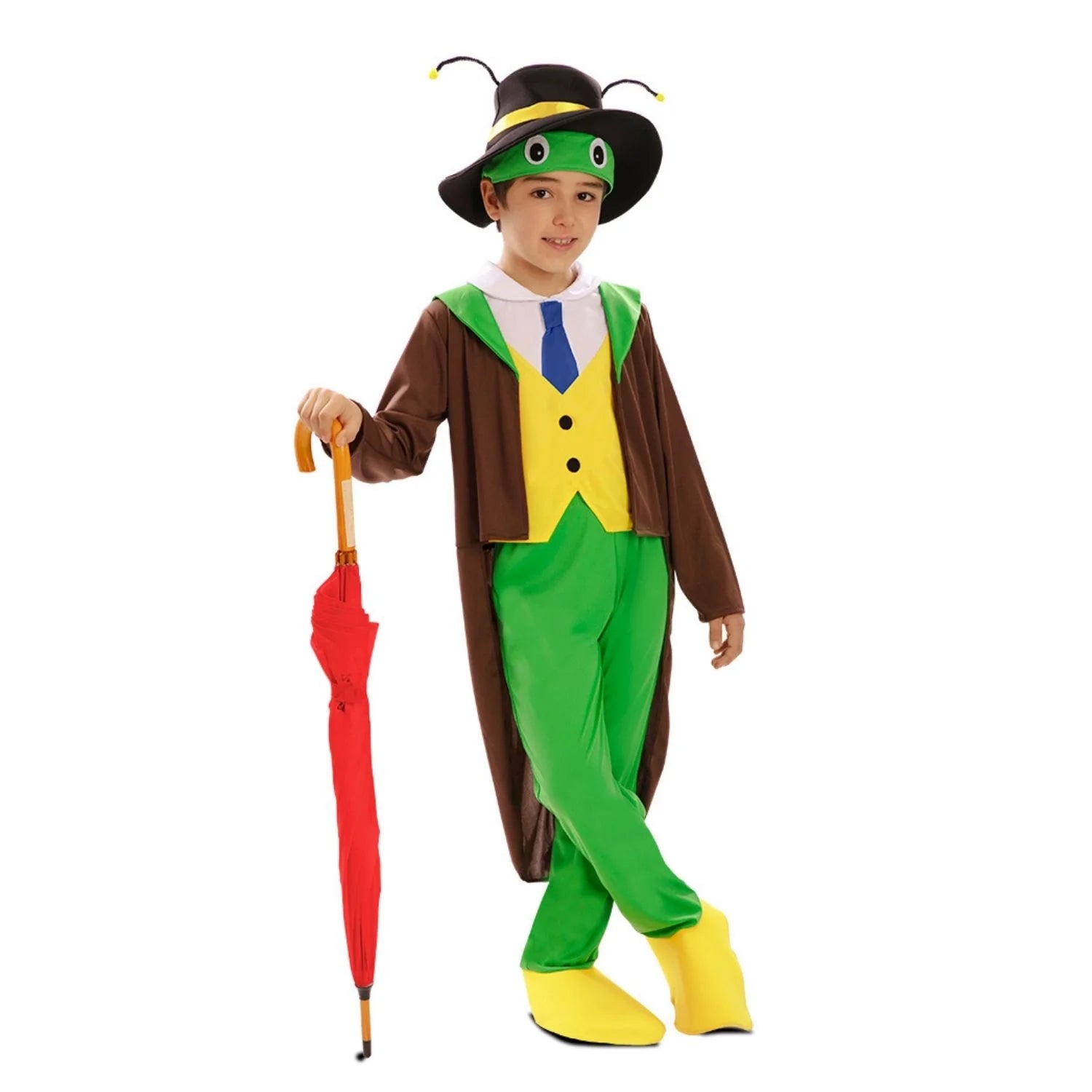 Niño con disfraz inspirado en Pepito Grillo con sombrero y traje verde y marrón