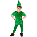 Disfraz de Peter Pan infantil con túnica verde, cinturón y sombrero clásico