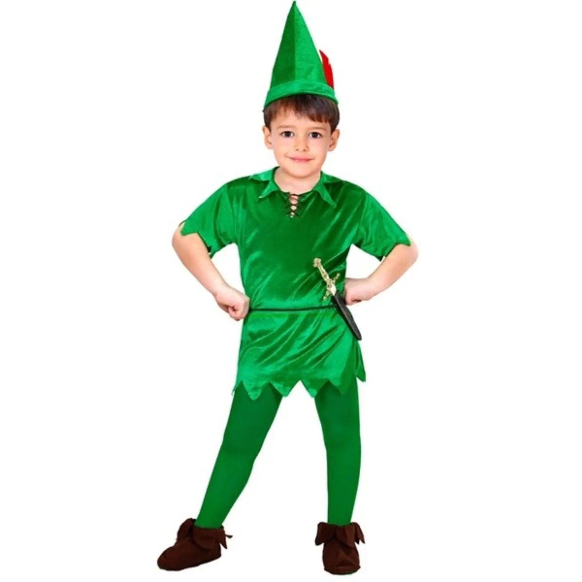 Disfraz de Peter Pan infantil con túnica verde, cinturón y sombrero clásico