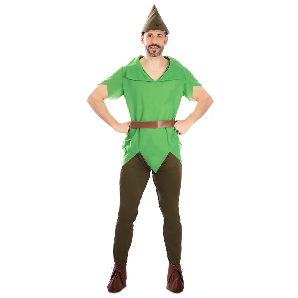 Disfraz de Peter Pan para hombre en color verde con gorro, cinturón y cubrezapatos para Carnaval