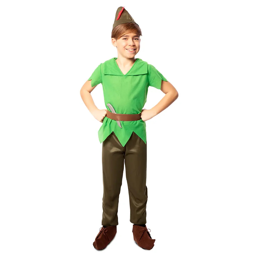 Disfraz de Peter Pan para niño en color verde con gorro y cubrezapatos para Carnaval