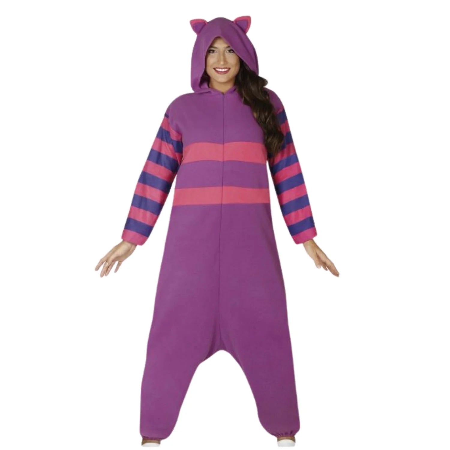 Adulta con disfraz gato lila tipo pijama para Carnaval