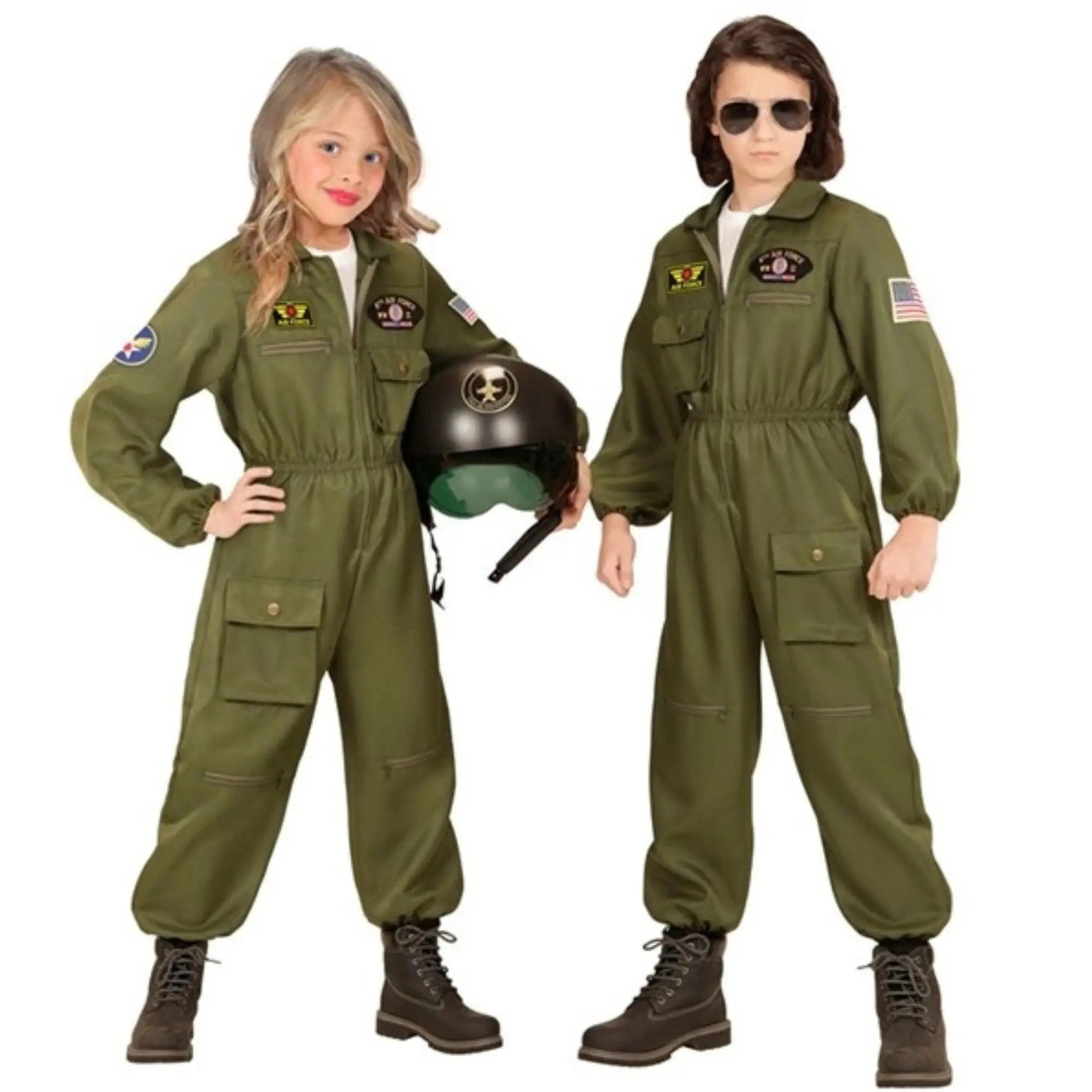 Disfraz de piloto de combate infantil con mono verde estilo aviación militar