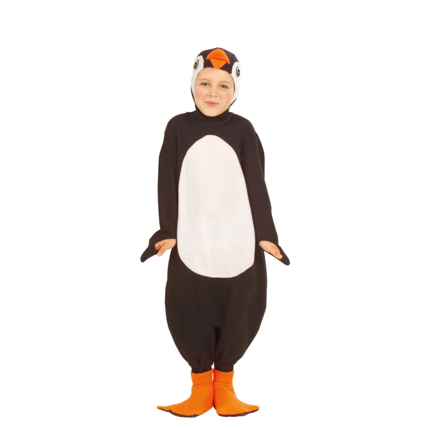 Disfraz Pingüino infantil con buzo negro, gorro y pies naranjas