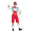 Disfraz de Pinocho para hombre con peto, sombrero y camisa con pajarita inspirado en cuentos clásicos para Carnaval