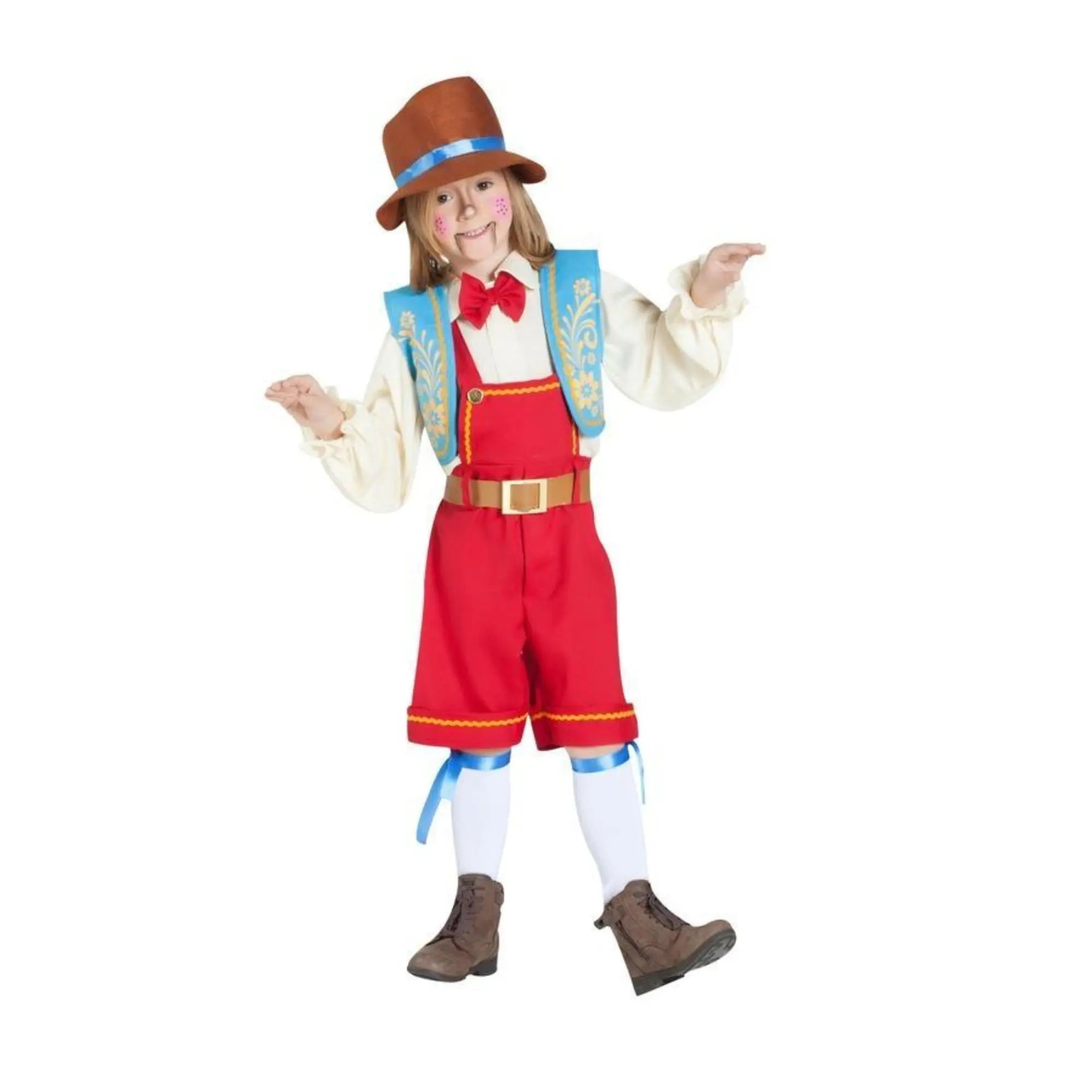 Disfraz de Pinocho para niño con sombrero, chaleco, pantalón con peto y tirantes ideal para Carnaval y fiestas escolares