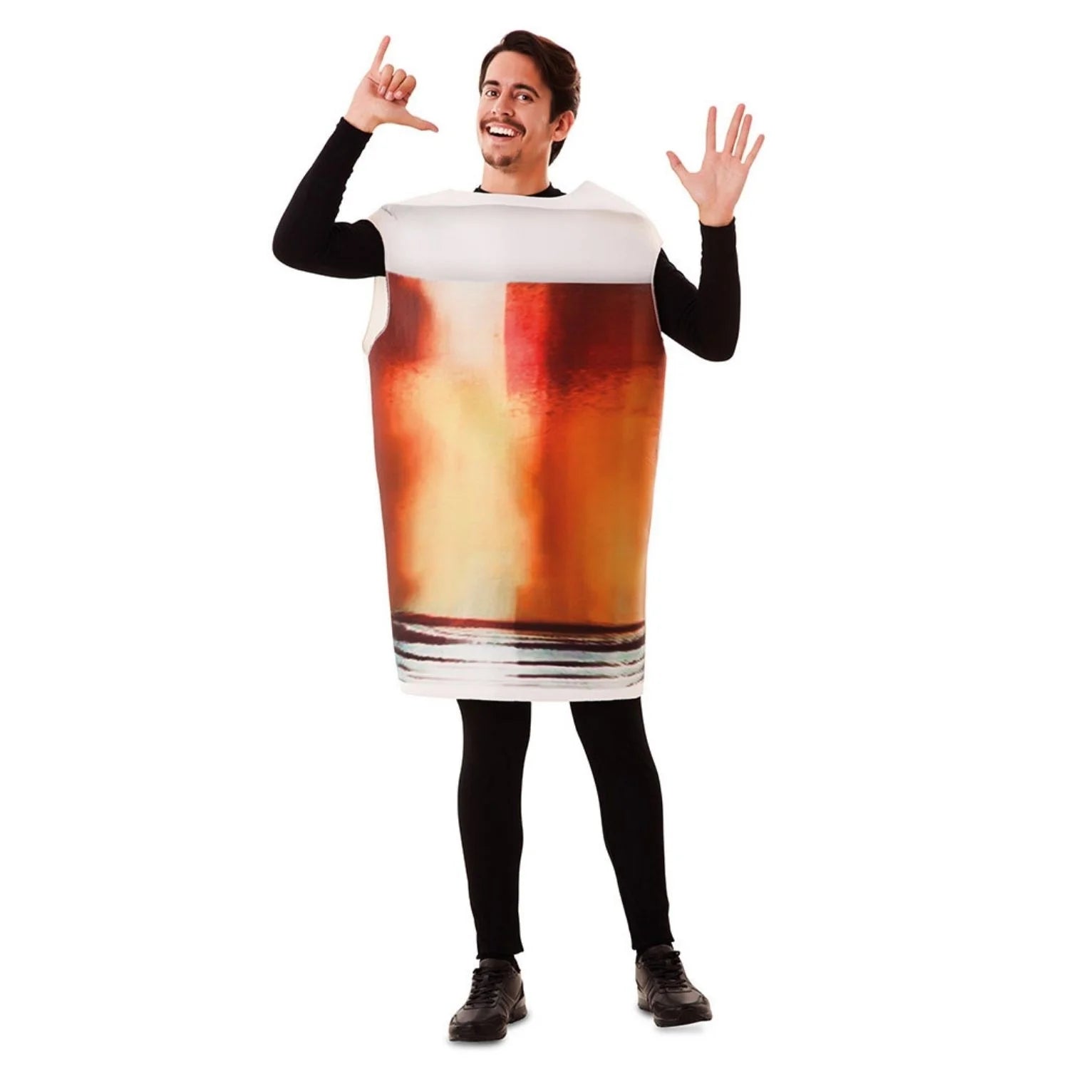Hombre con disfraz de pinta de cerveza para adulto con diseño realista de cerveza y espuma