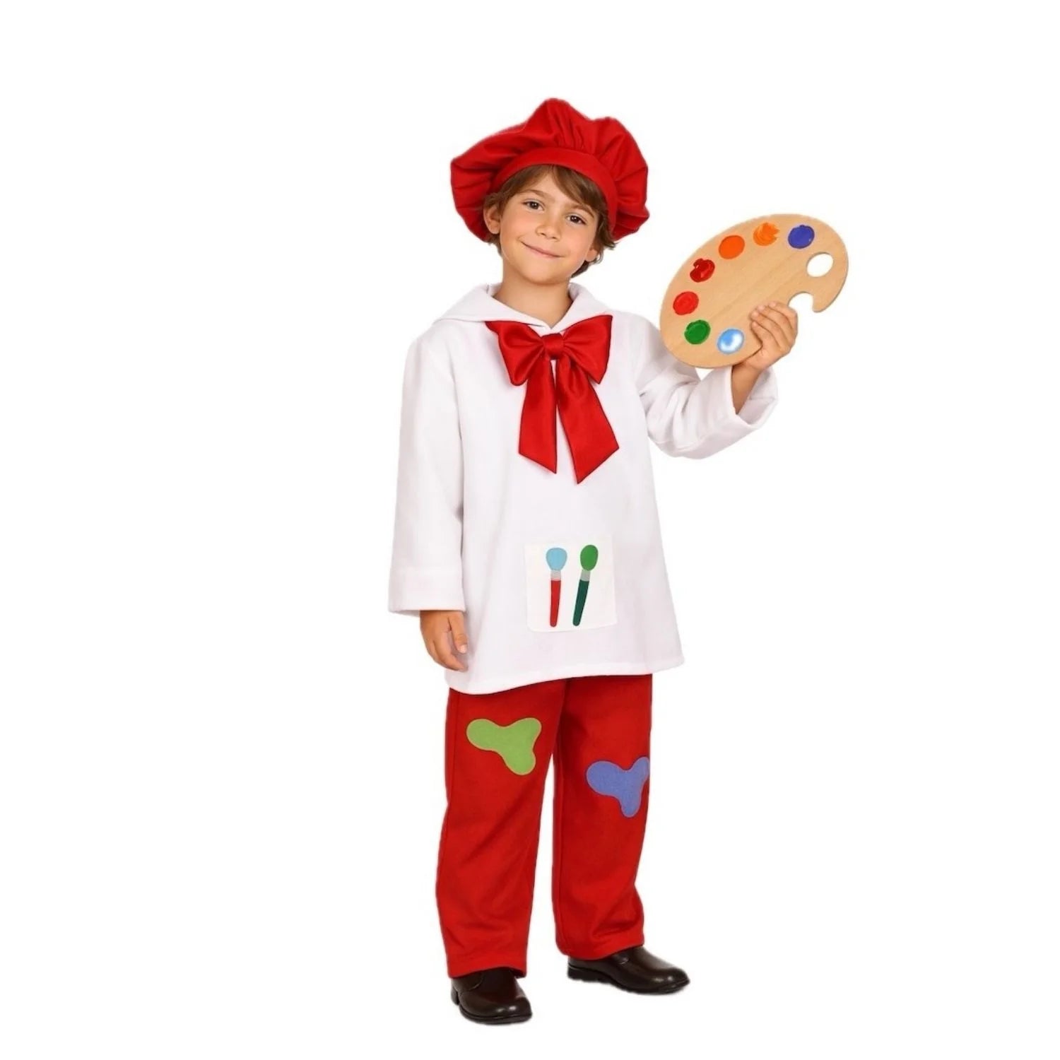 Niño con disfraz Pintor Infantil con casaca blanca y gorro rojo