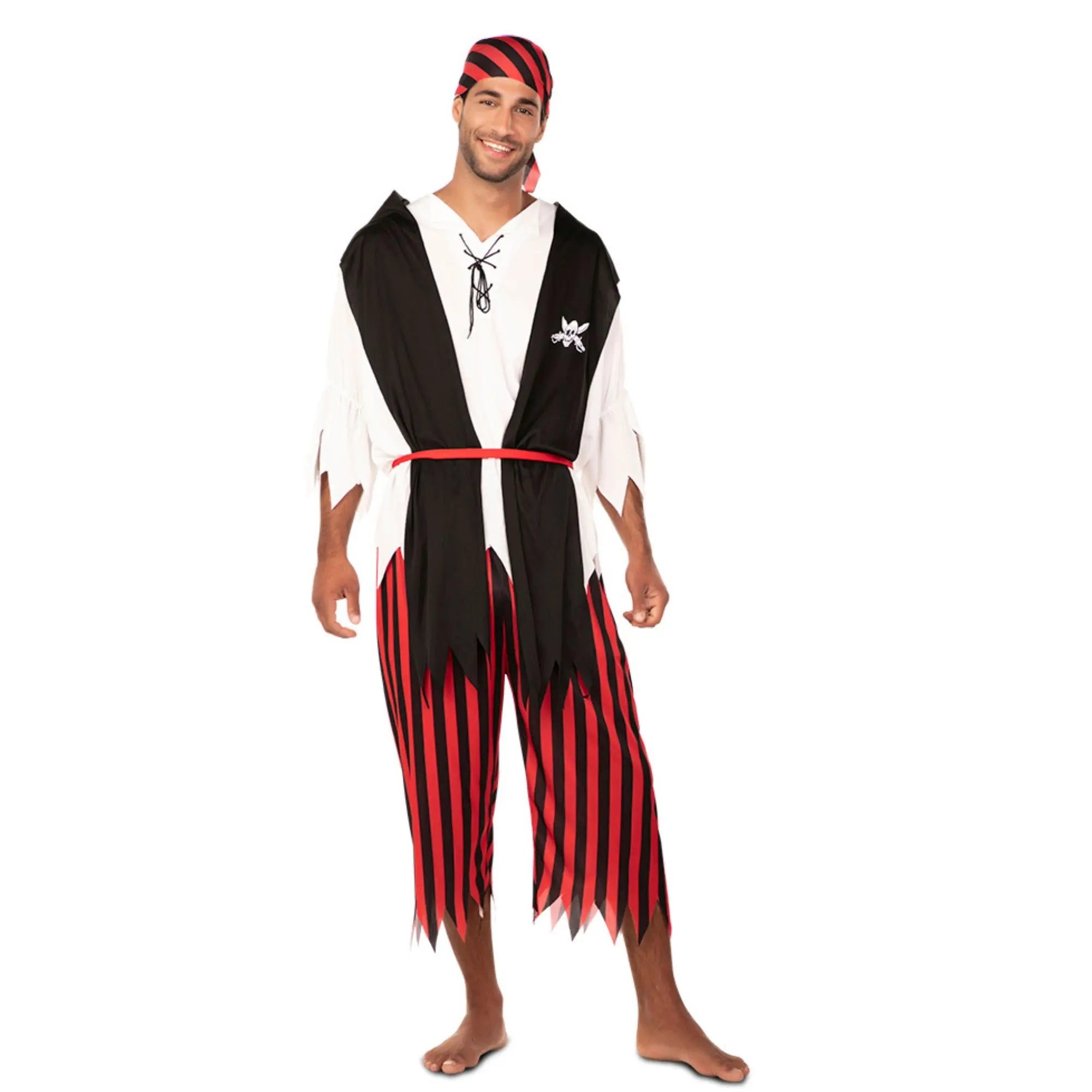 Disfraz de gran pirata para hombre con camisa blanca, chaleco negro y pantalón rojo a rayas negras