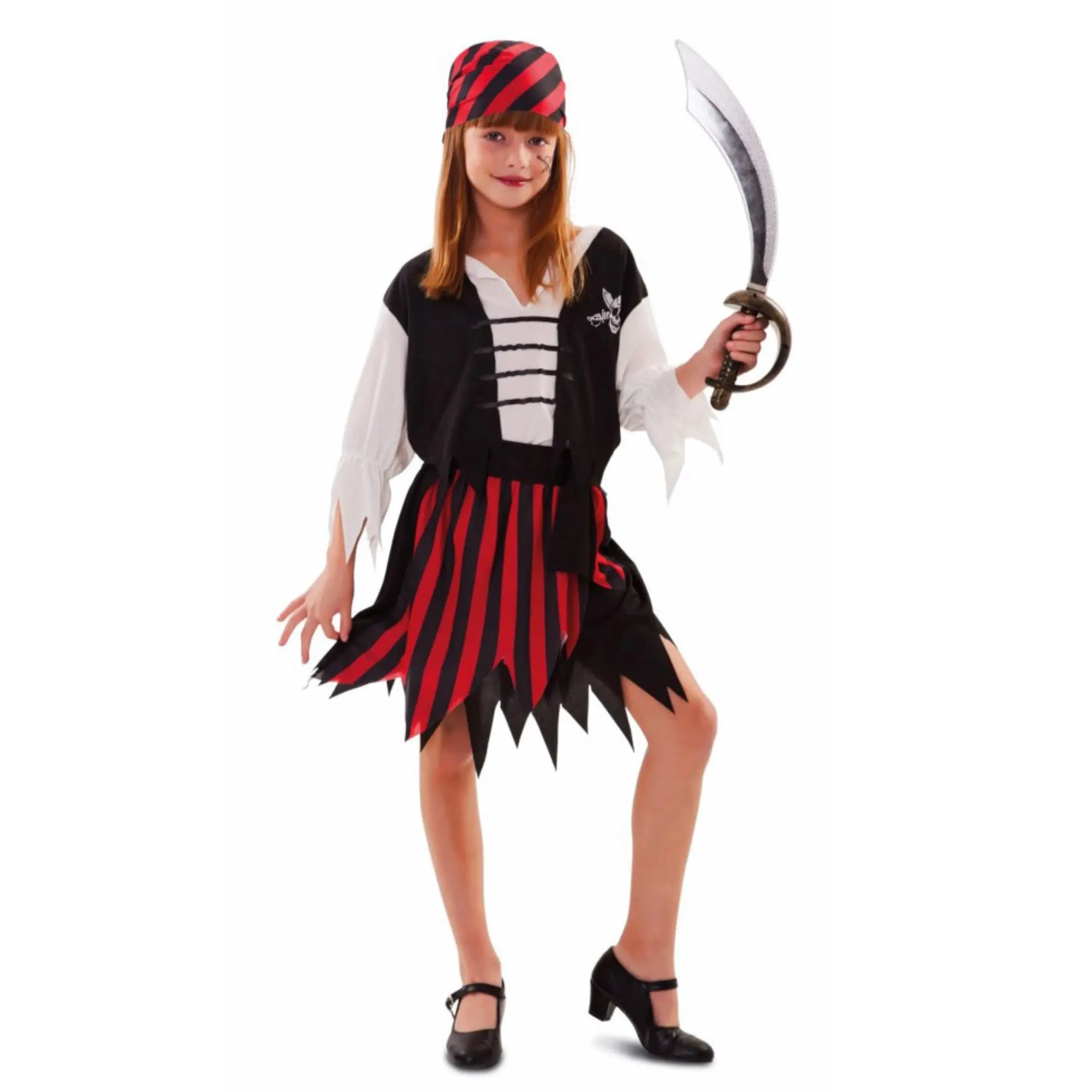 Disfraz de pirata niña con falda, chaleco y pañuelo estilo corsaria