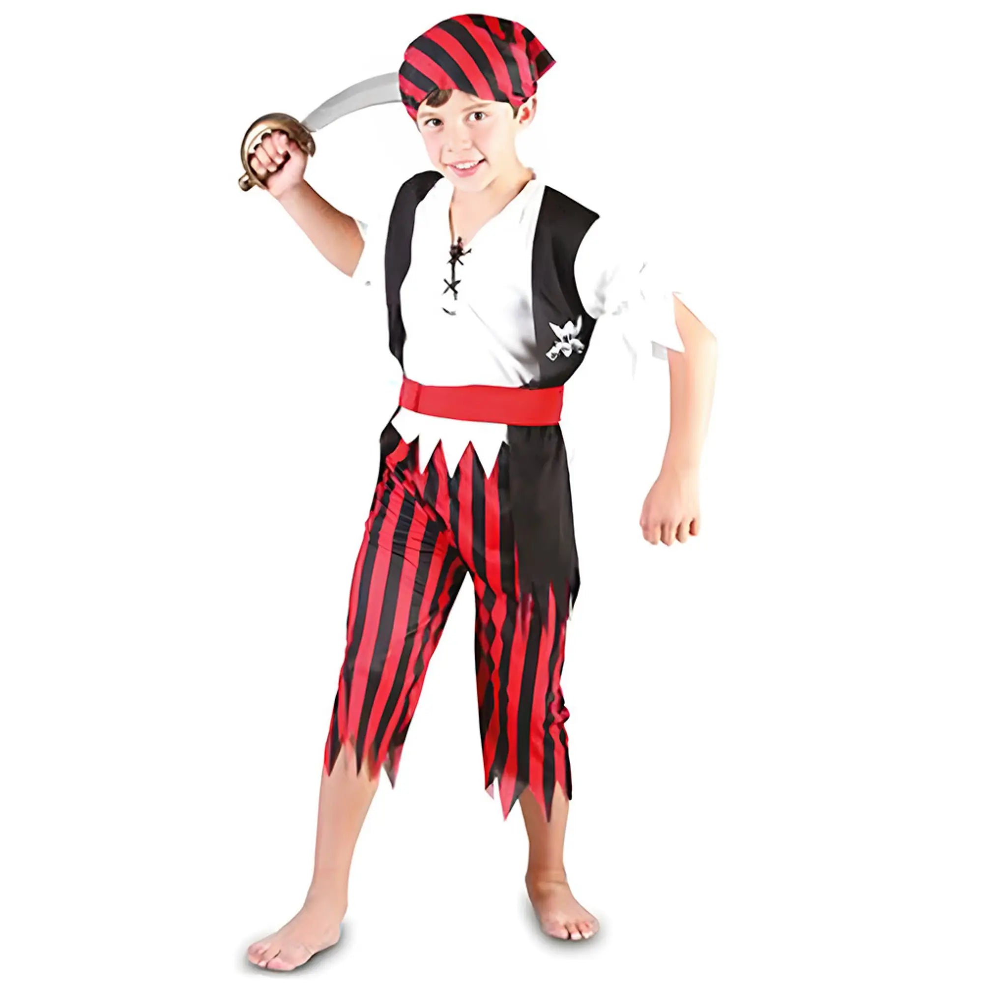 Disfraz de pirata niño con pantalón a rayas rojas y negras, camisa blanca y sombrero