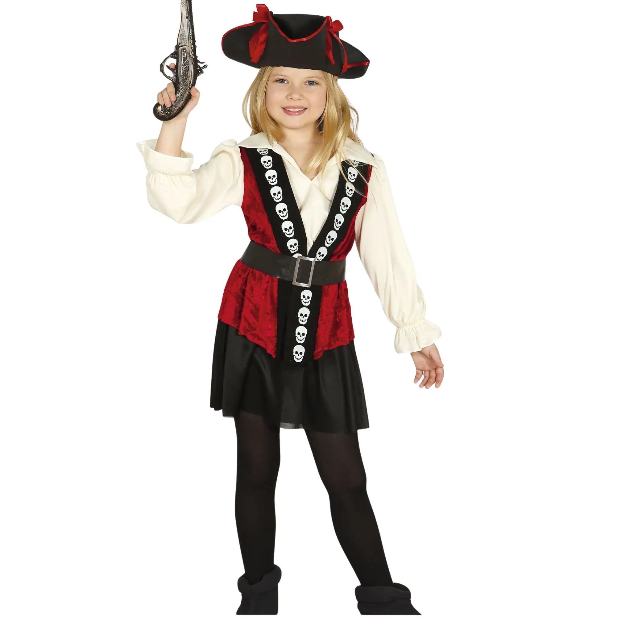 Disfraz de pirata skull infantil con vestido, cinturón y sombrero estilo calavera para Carnaval