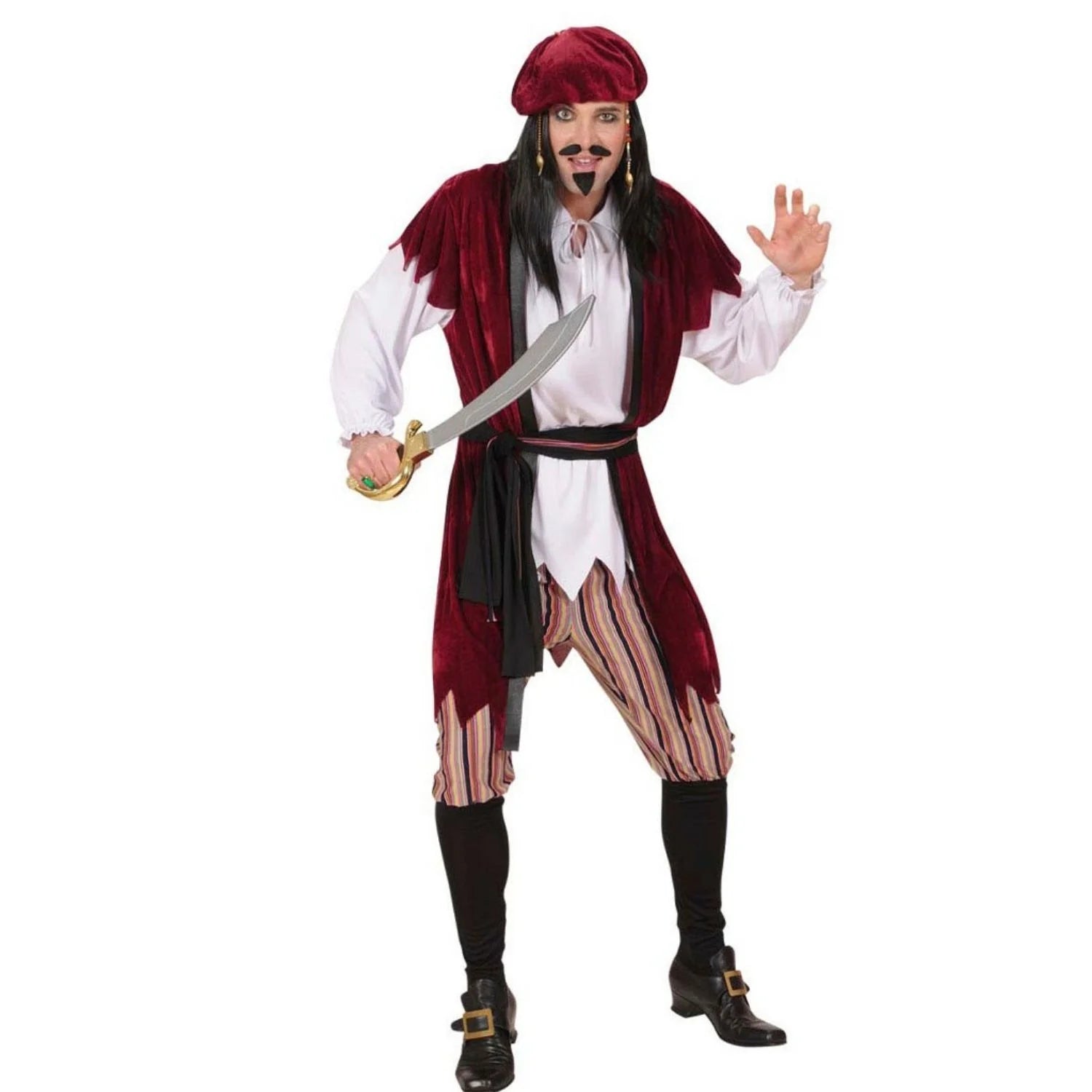Disfraz Pirata del Caribe para adulto con chaleco rojo, camisa blanca y pantalón a rayas