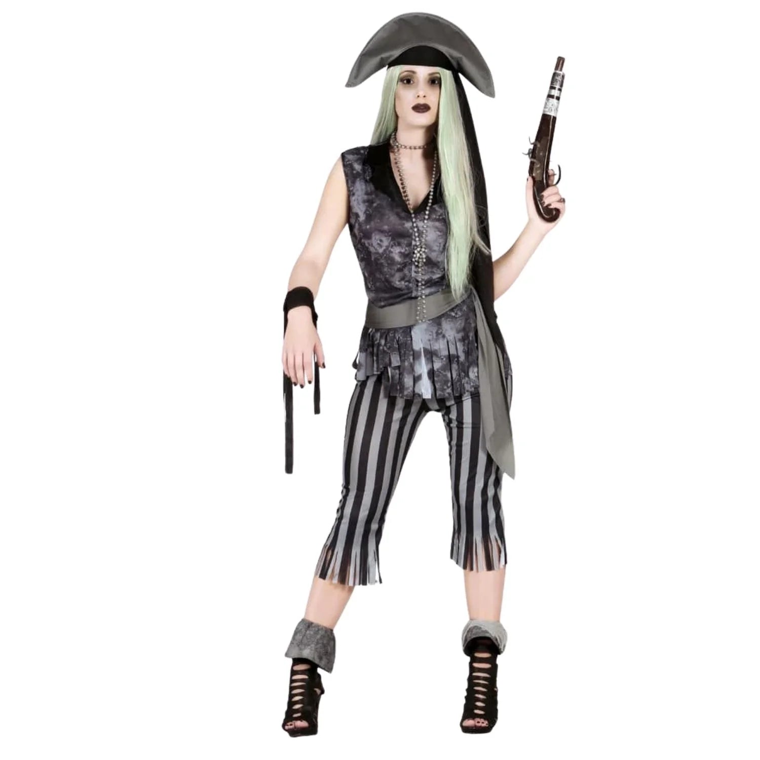 Mujer con disfraz pirata fantasma para Halloween y Carnaval