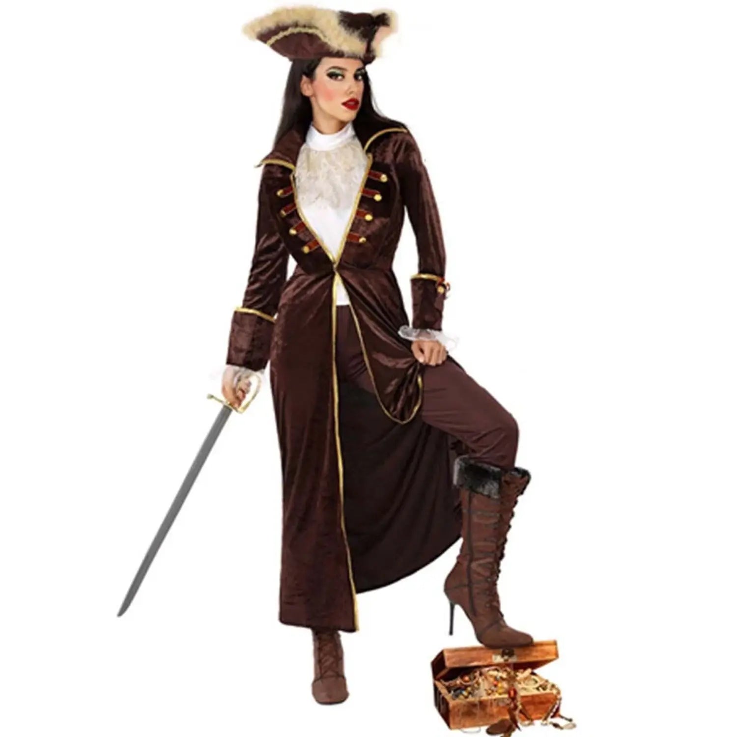 Disfraz pirata marrón mujer con sombrero y chaqueta