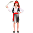 Disfraz de pirata para niña con falda a rayas, chaleco negro y cinta roja en la cabeza