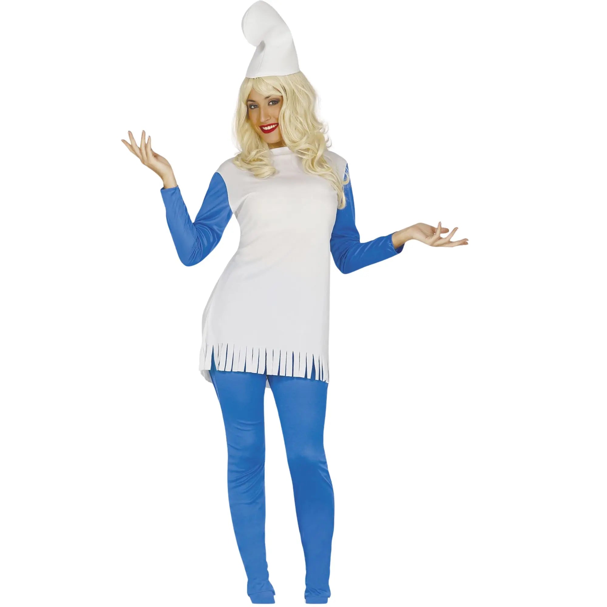 Disfraz de Pitufa para mujer con gorro blanco, vestido azul y estilo de dibujos animados ideal para Carnaval y fiestas