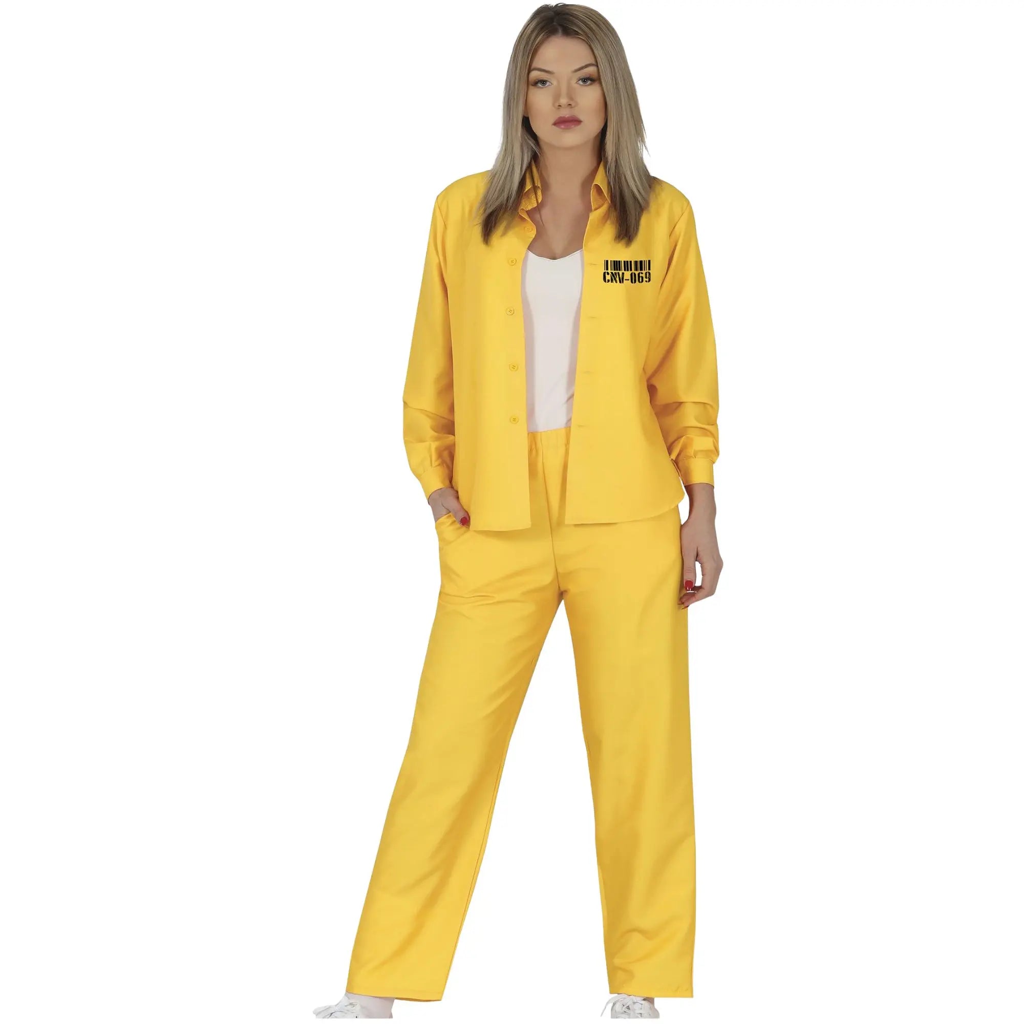 Disfraz de presa mujer adulto amarillo para Carnaval estilo cárcel divertido