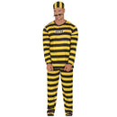 Disfraz de prisionero hombre con rayas amarillo y negro con gorro camiseta y pantalón para Carnaval