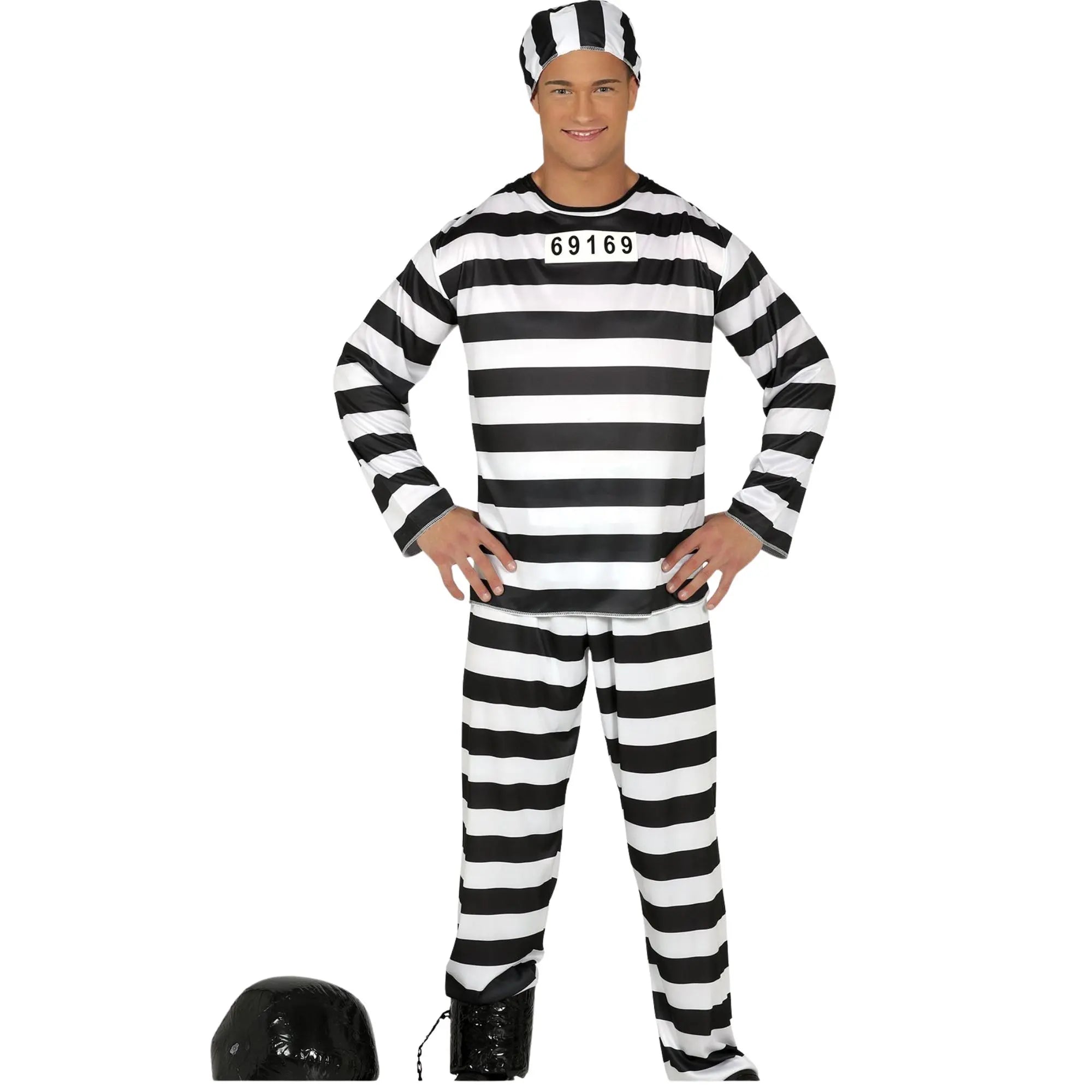 Disfraz de presidiario para hombre con gorro, camiseta y pantalón a rayas blanco y negro para Carnaval