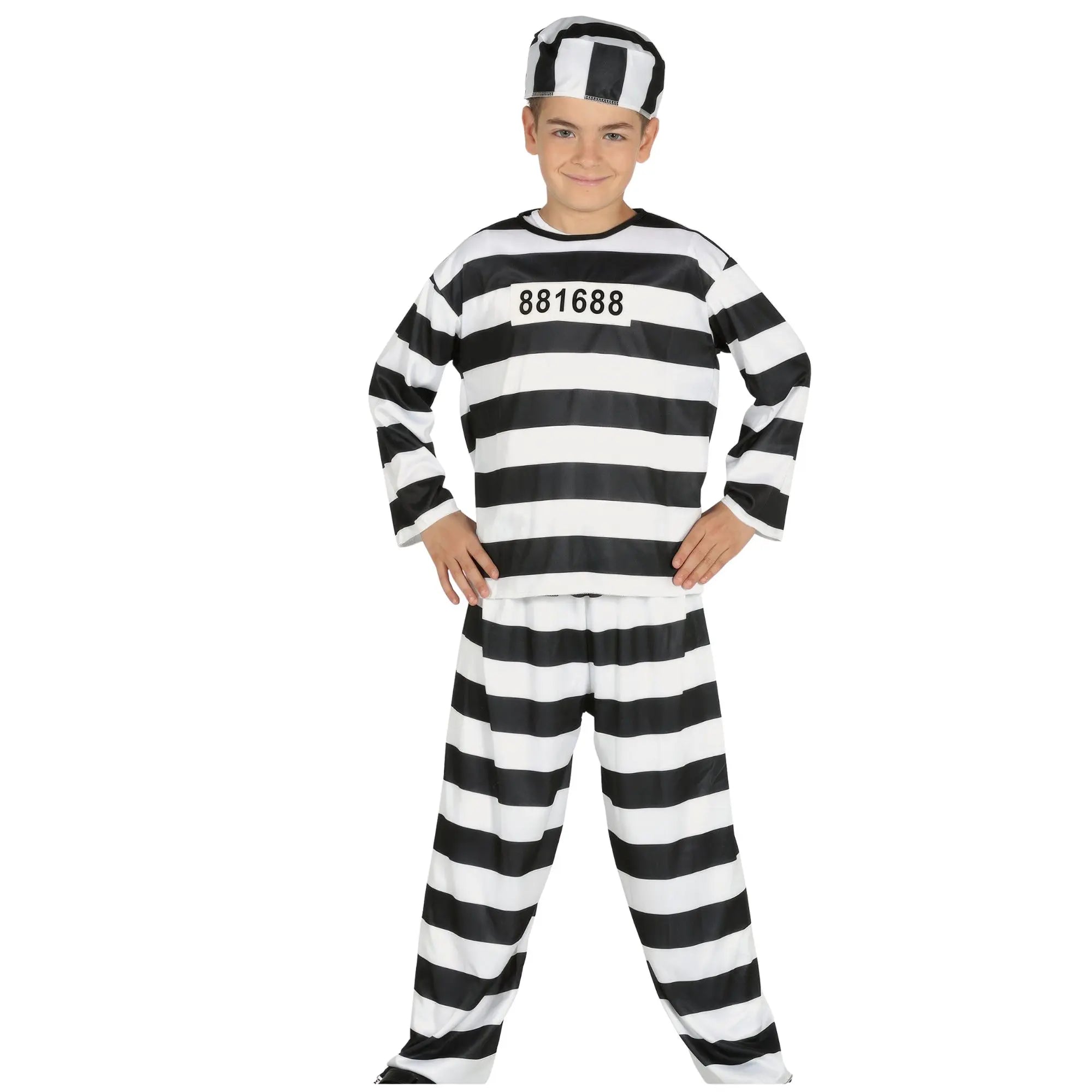 Disfraz de prisionero infantil con gorro, camiseta y pantalón para Carnaval