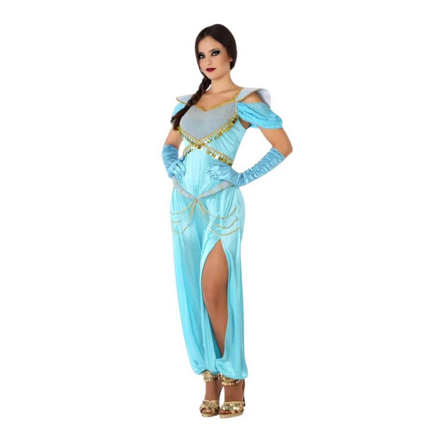 Elegante disfraz de princesa árabe en color celeste con vestido largo de estilo oriental, ideal para Carnaval y fiestas temáticas.