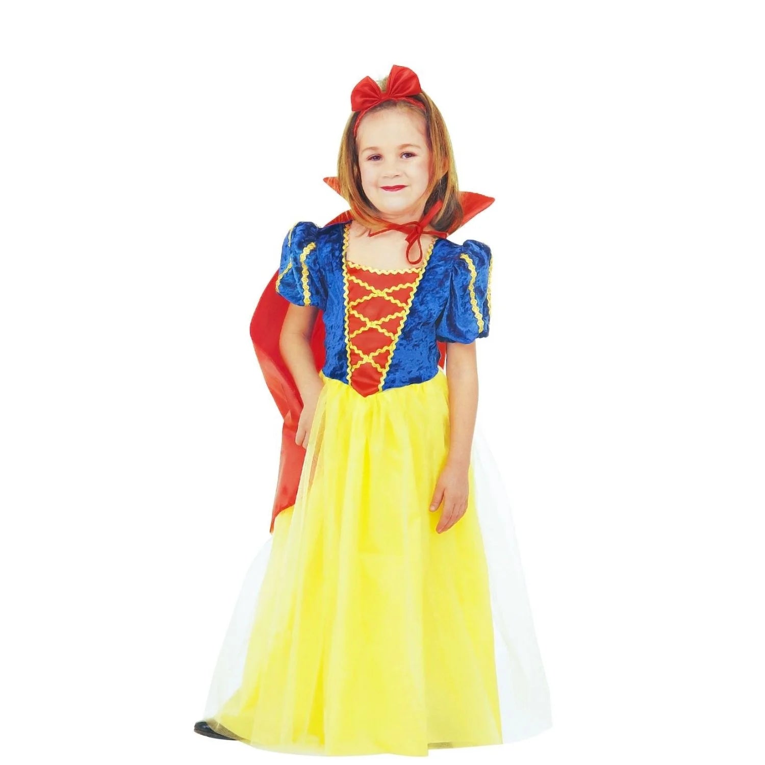 Disfraz de Princesa Blancanieves infantil con vestido amarillo y capa roja