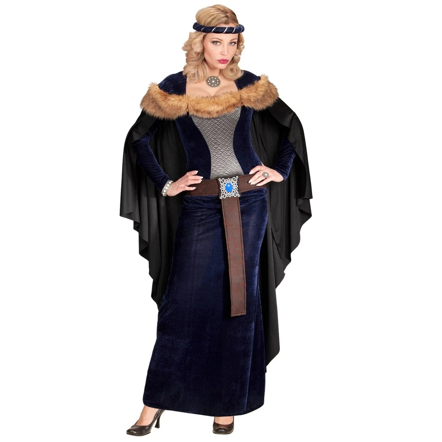 Disfraz princesa medieval adulta con vestido largo, capa y cinta para la cabeza