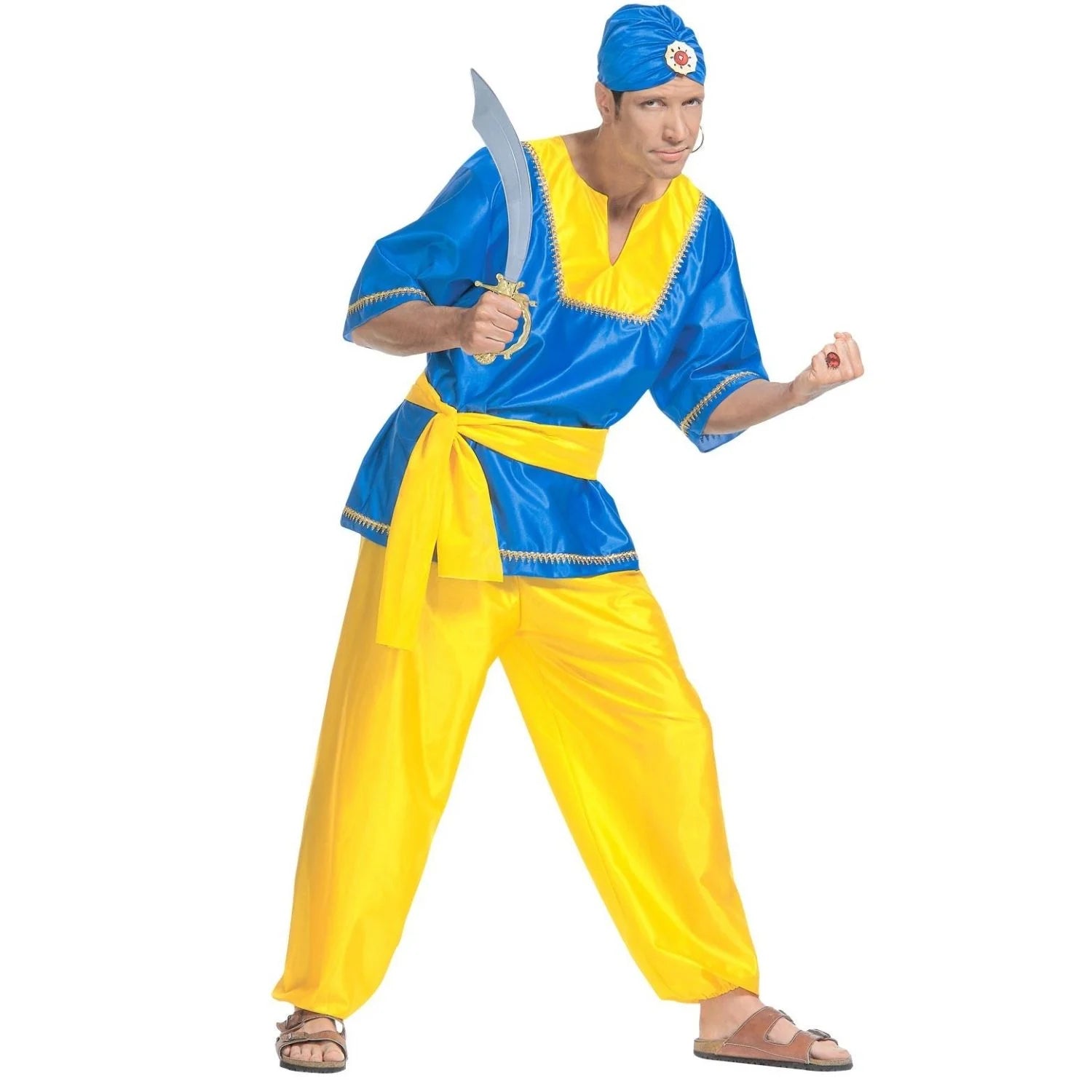 Disfraz Príncipe Árabe adulto con turbante azul y pantalón bombacho amarillo