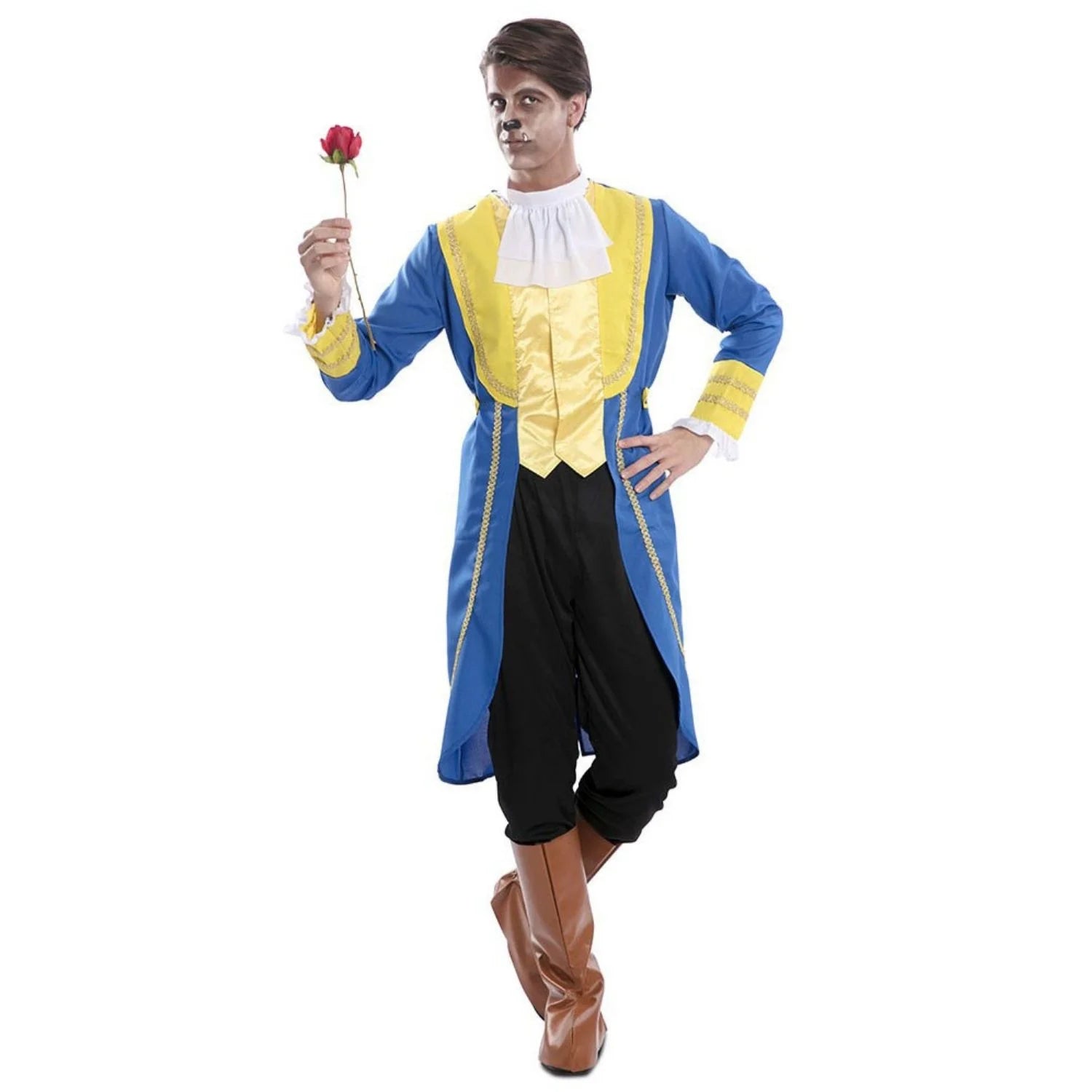 Hombre con disfraz de príncipe encantado inspirado en La Bella y la Bestia