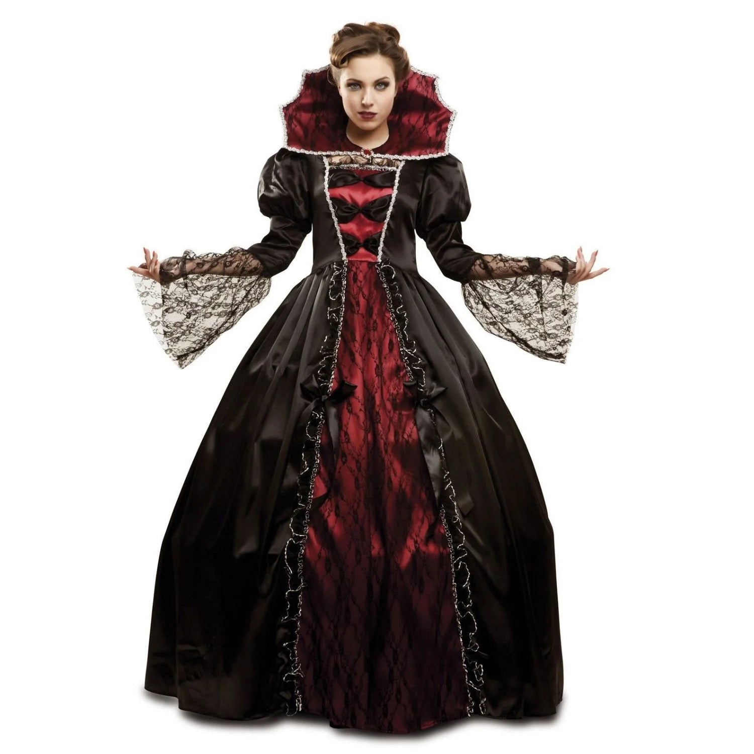 Disfraz Reina Vampira Mujer con vestido negro y rojo, enagua y cuello