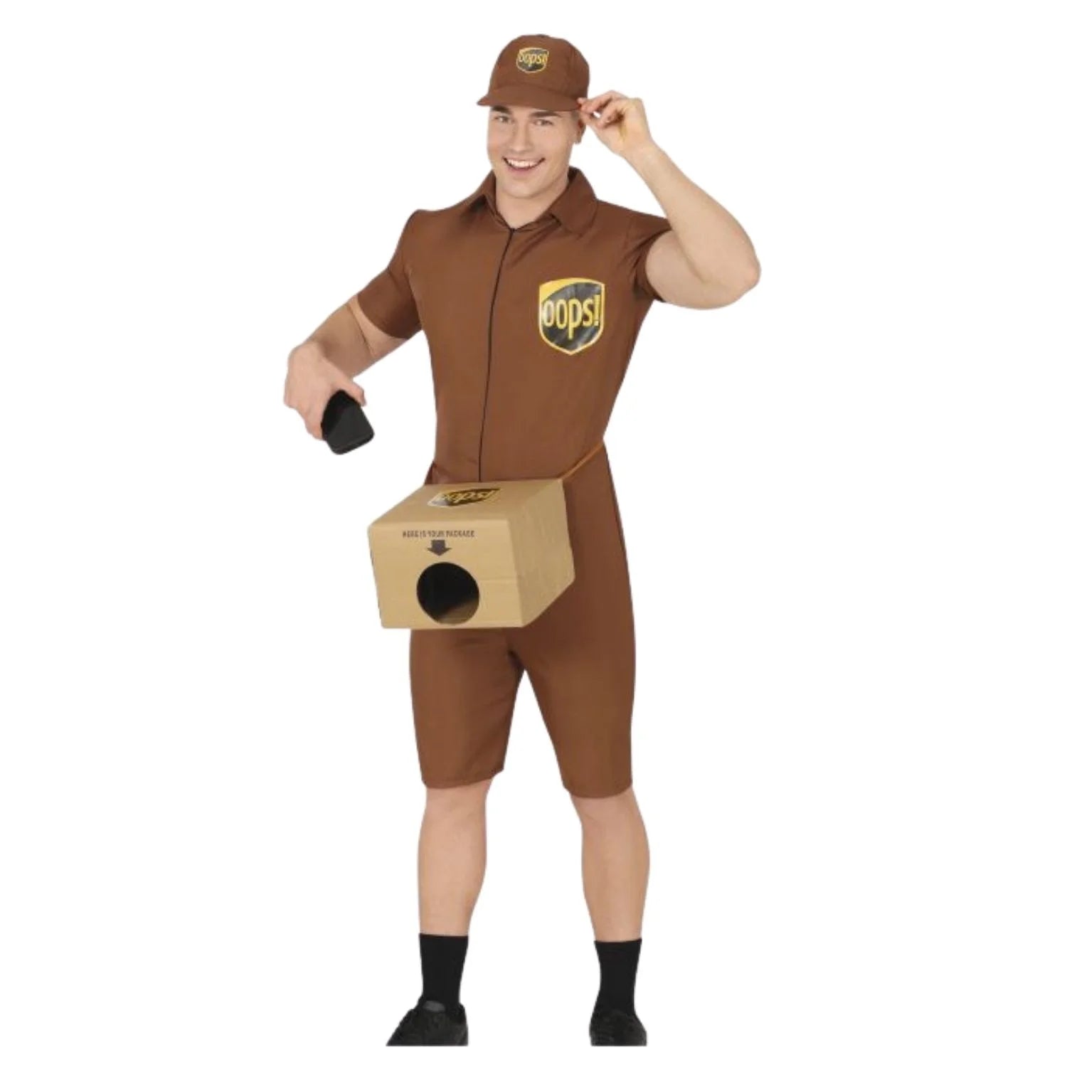 Disfraz repartidor adulto con caja, gorra y mono para Carnaval