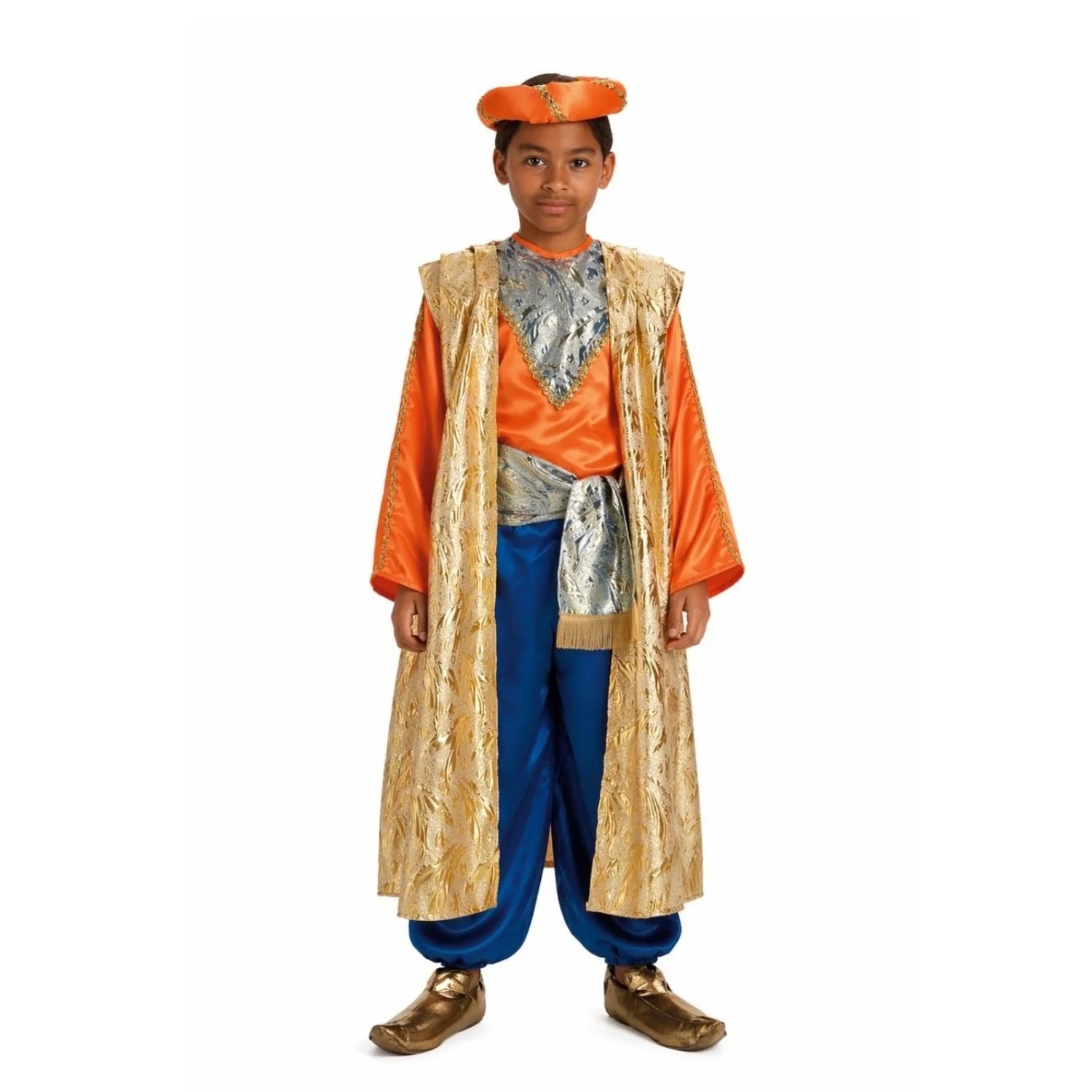 Niño con disfraz Rey Baltasar Infantil en colores dorado, azul y naranja