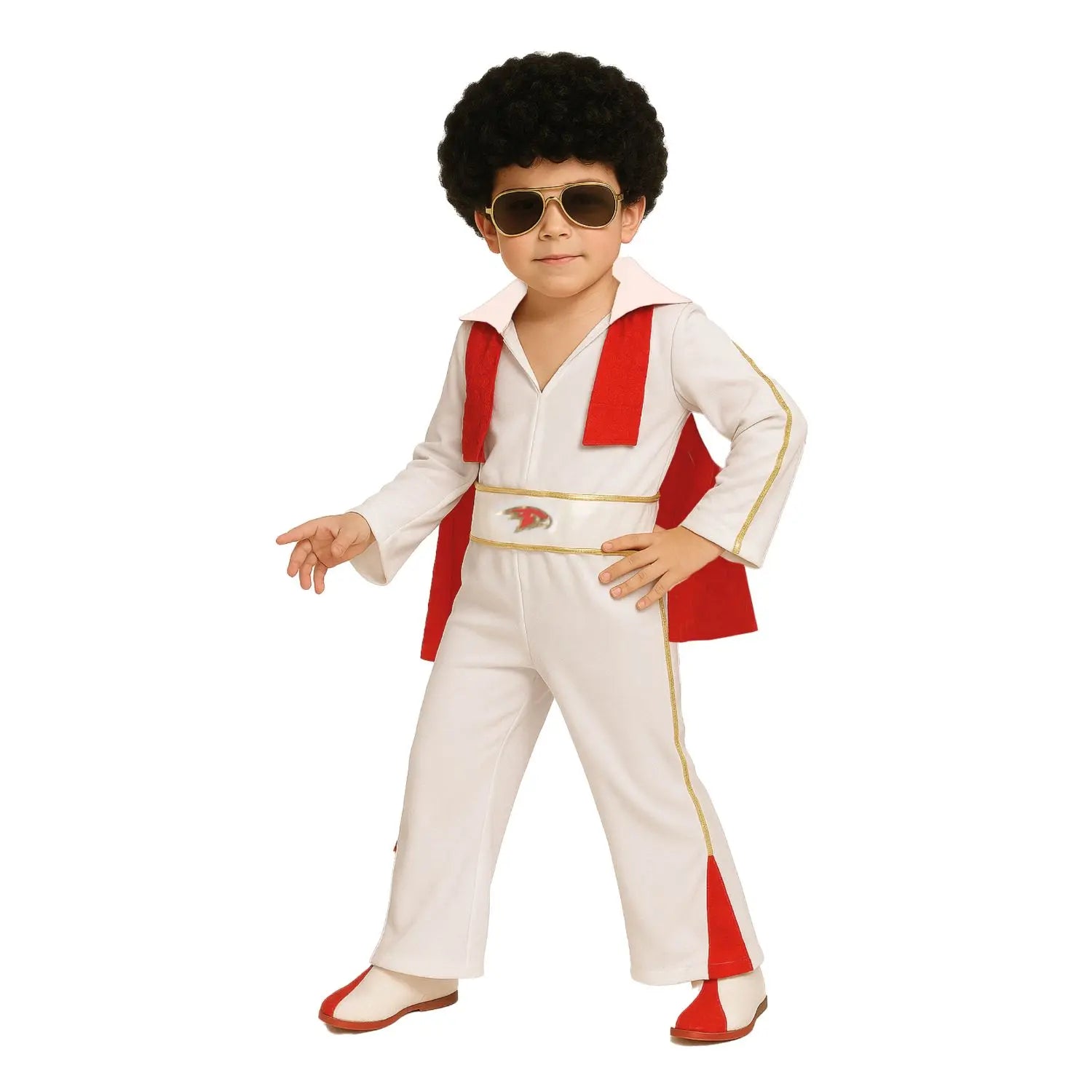 Disfraz Rey del Rock infantil con camiseta blanca, cinturón decorativo y capa roja