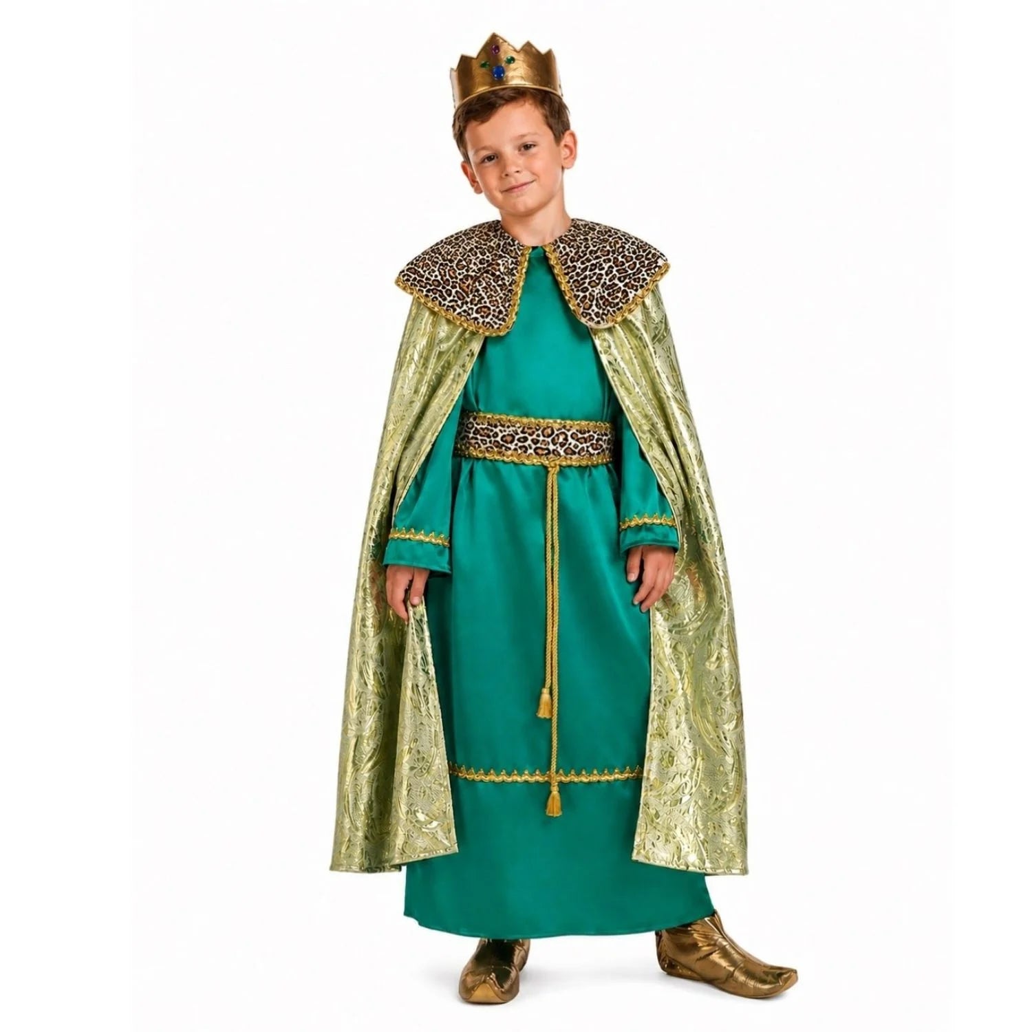 Niño con disfraz Rey Gaspar Lujo Infantil en color verde y dorado
