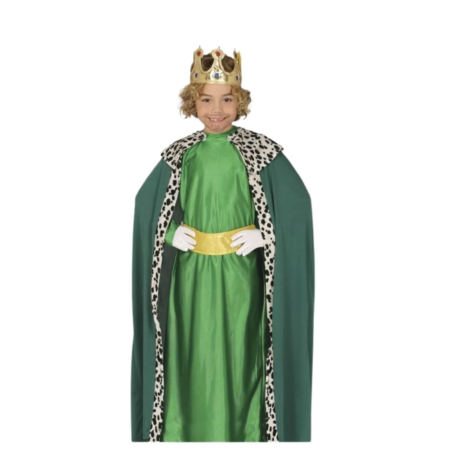 Niño con disfraz de Rey Mago verde con túnica capa y cinturón para Navidad