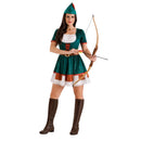 Disfraz de Robin Hood para mujer con vestido verde, sombrero con pluma y cinturón medieval