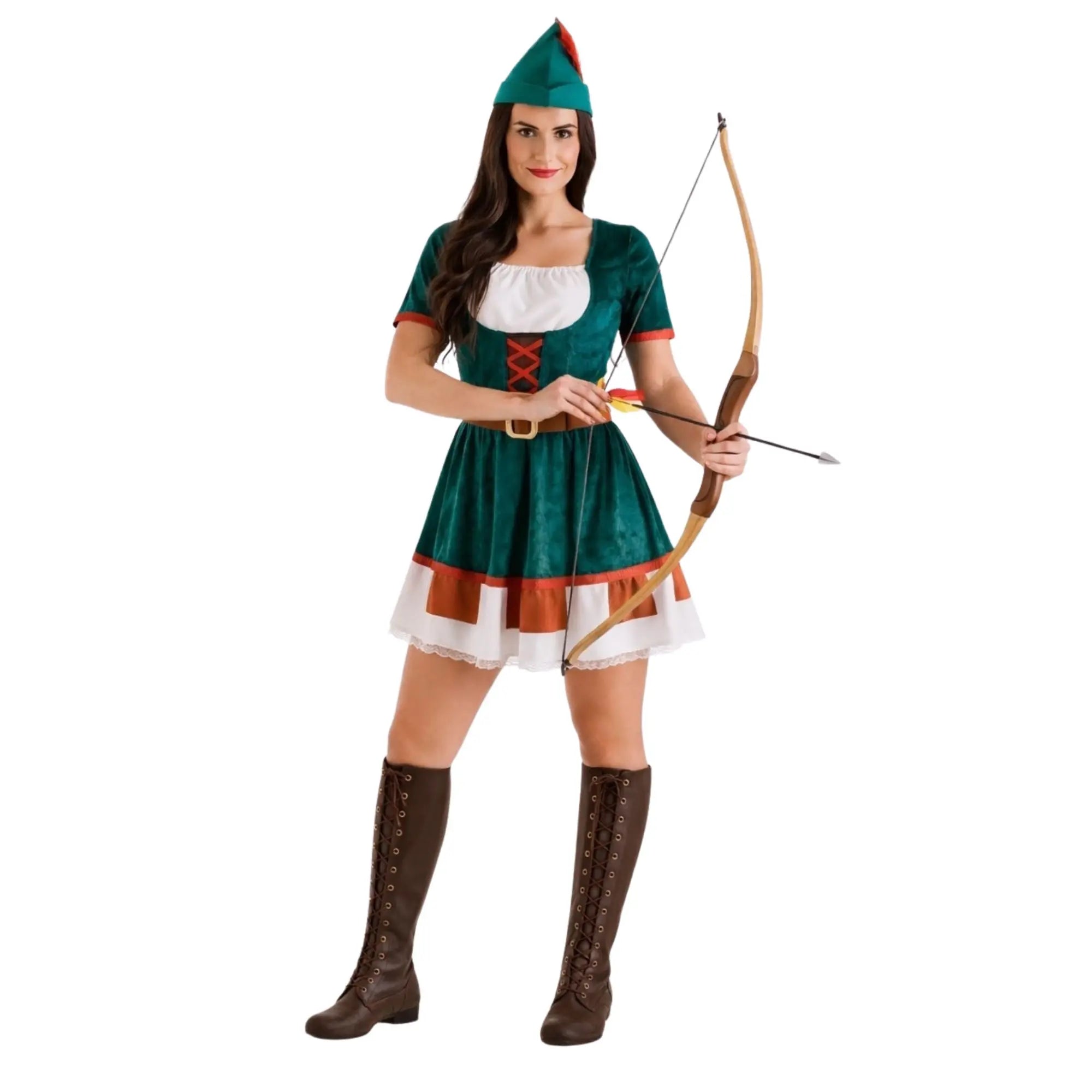 Disfraz de Robin Hood para mujer con vestido verde, sombrero con pluma y cinturón medieval