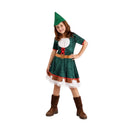 Disfraz de Robin Hood para niña con vestido verde, sombrero con pluma y cinturón medieval