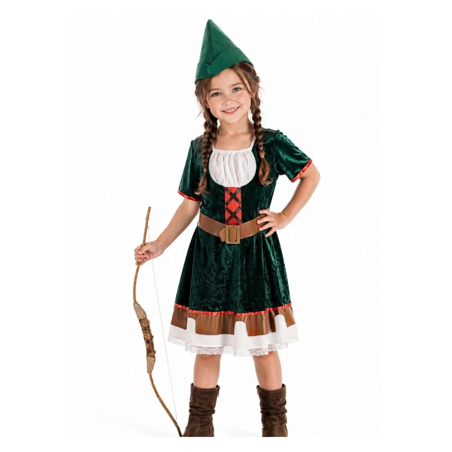 Disfraz de Robin Hood para niña con vestido verde, sombrero con pluma y cinturón medieval