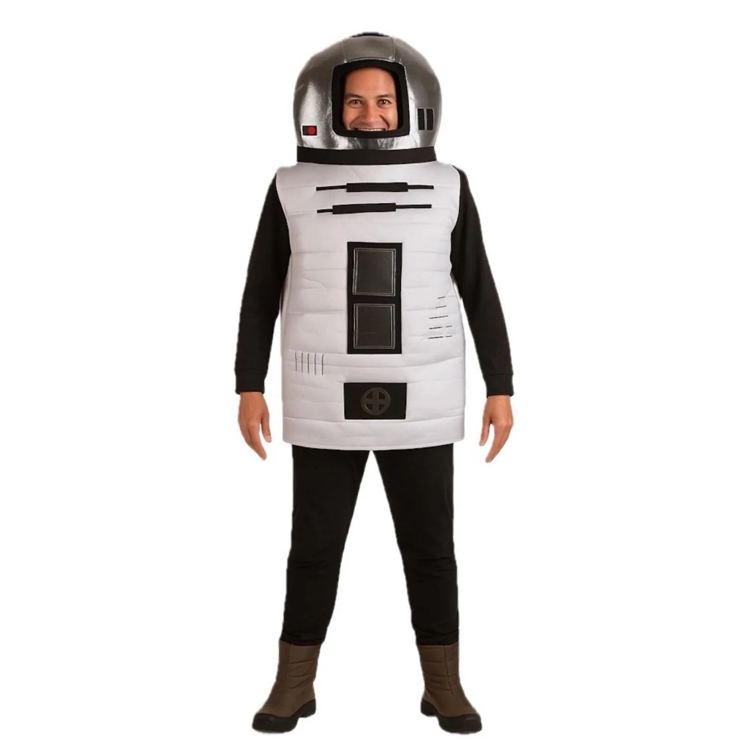 Hombre con disfraz de robot adulto plateado con cabeza integrada